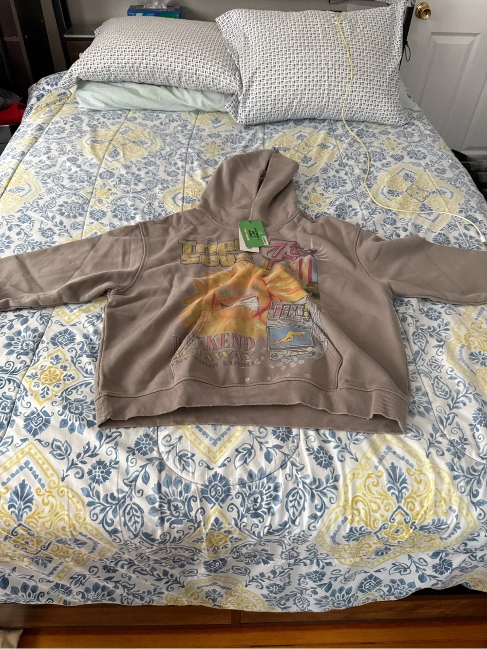 Triple 7 Mens Graphic Hoodie with Vintage-Inspired Print - Taupe